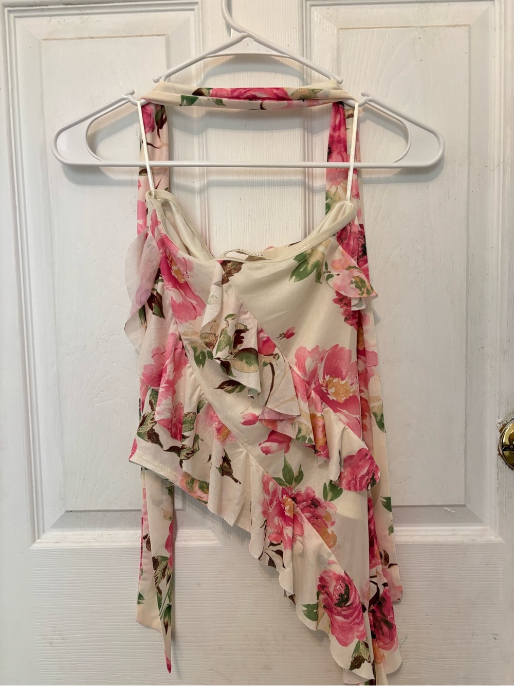 Floral Ruffle Halter Crop Top - Cream with Pink Roses - Picture 2 of 3